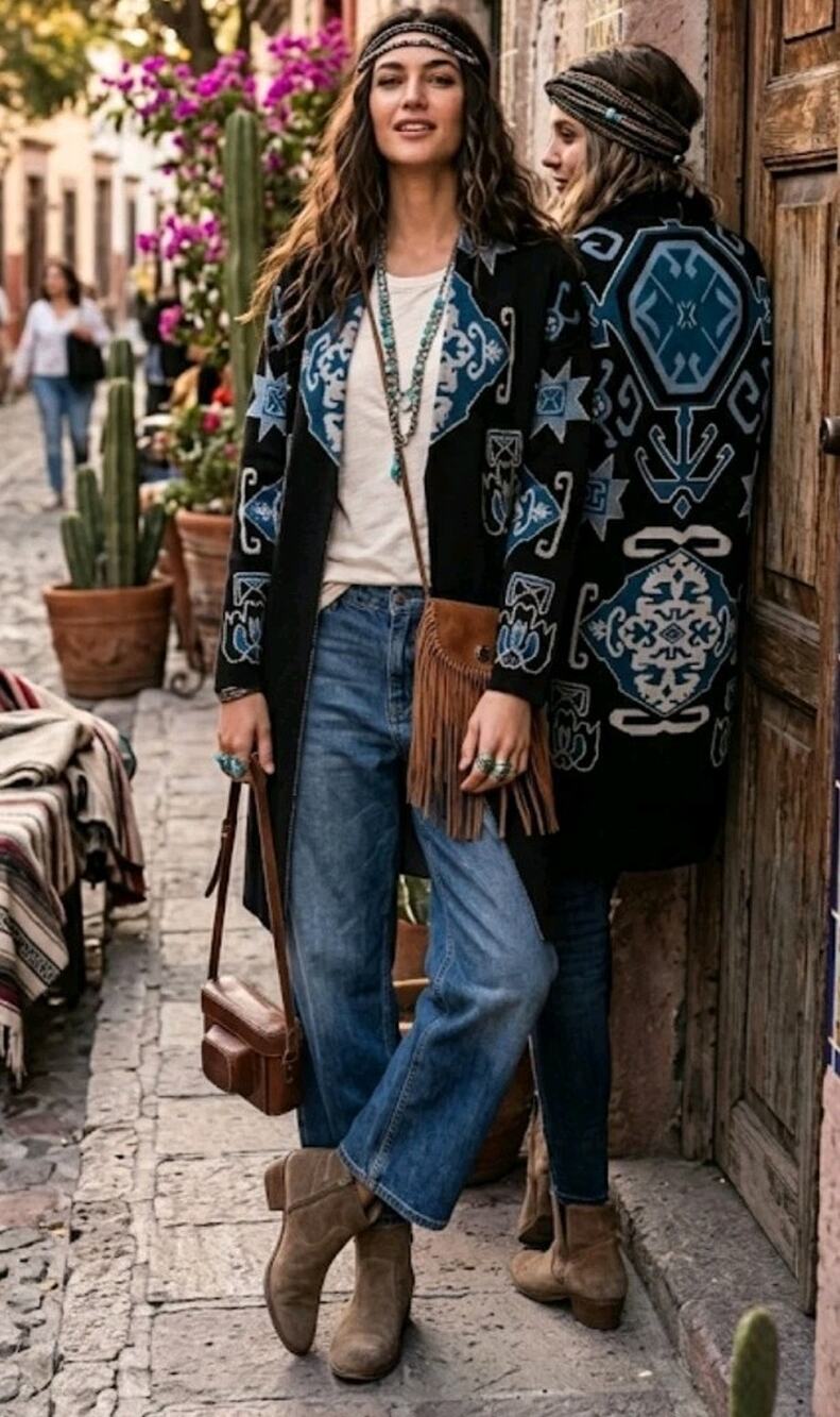 Sioni Unique Aztec/Tribal/Astrology Print Long Cardigan Sweater Boho Sz Small